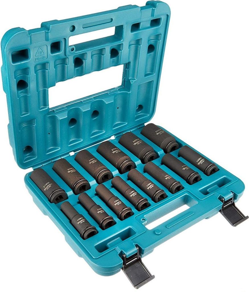 A set of black impact sockets in a teal plastic case, with the case open.