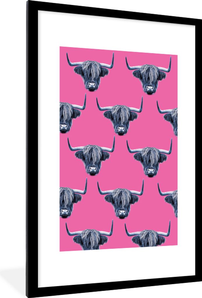 MuchoWow MuchoWow Gerahmtes Poster Schottisches Hochlandrind - Muster - Grau 60x90 cm - Poster mit zchwarzem Bilderrahmen - Dekoration - Wandpo...