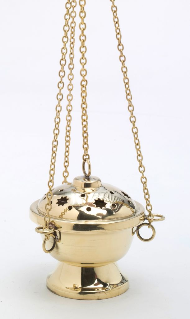 Weihrauchfass mit Kette zum Hängen aus Messing Gold poliert Höhe 11 cm mit Innenschale aus Stahl für die Räucherkohle