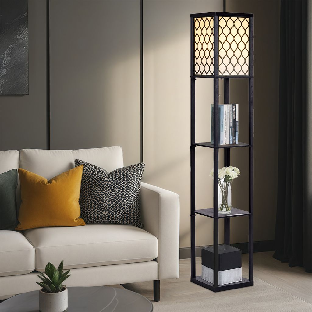 7MAGIC Stehlampe mit E27 9W LED Glühbirne, 3 Farbtemperaturen Dimmbar, Vintage Standleuchte mit 3 Ebenen Holz Regal, Stehleuchte für Innenbeleuch...