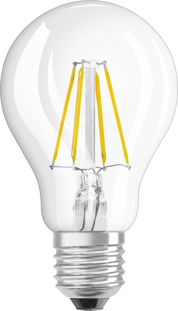 A clear studio shot of an LED filament light bulb.