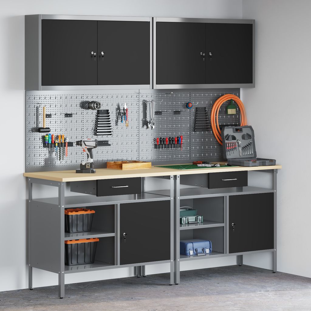 vidaXL Werkbank-Set 8 pcs Schwarz und Grau Pulverbeschichteter Stahl