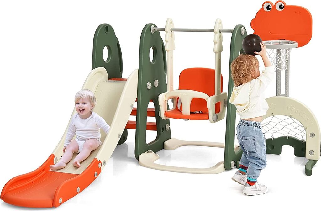 5 in 1 Kinderrutsche mit Schaukel und Basketballkorb Fußballtor Golfloch, Kinder Rutsche- und Schaukelset, Kinder Spielplatz für Indoor und Outdo...