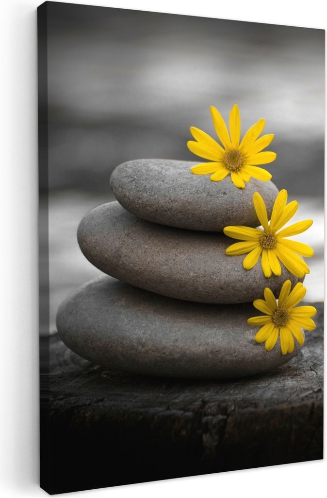 MuchoWow - Leinwandbilder - Zen-Steine - Blumen - Gelb - Natur, Wandbild, Wanddeko Bilder Wohnzimmer, 60x90 cm