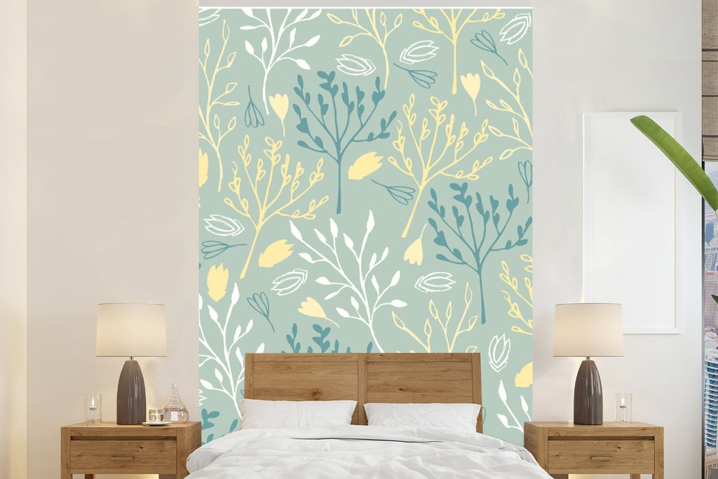 MuchoWow Fototapete für Wohnzimmer oder Schlafzimmer Wandtapete Vinyl Motivtapete Pflanzen - Gelb - Grün - Muster - 180x280 cm - Wallpaper