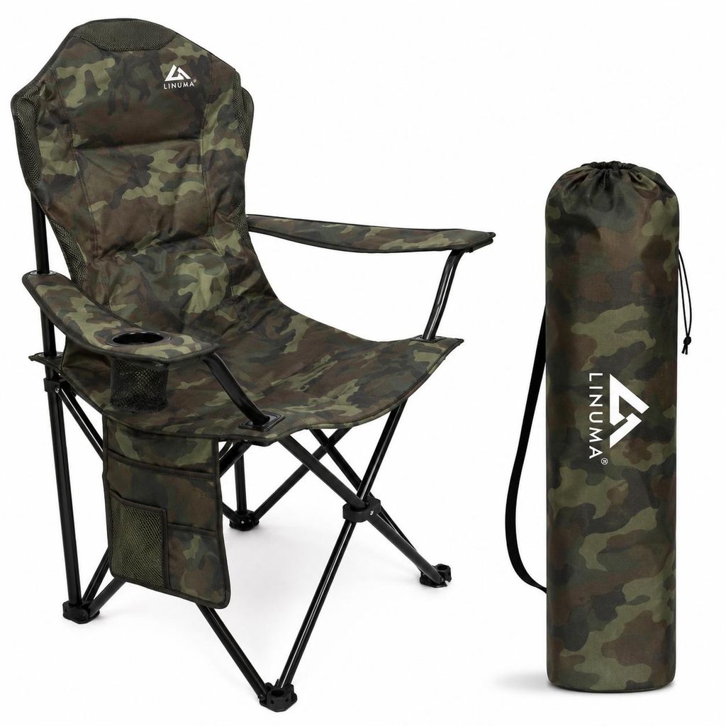 LINUMA® Luxus Faltstuhl CAMOUFLAGE Campingstuhl Anglerstuhl Produktbild  KI-generiertes Bild