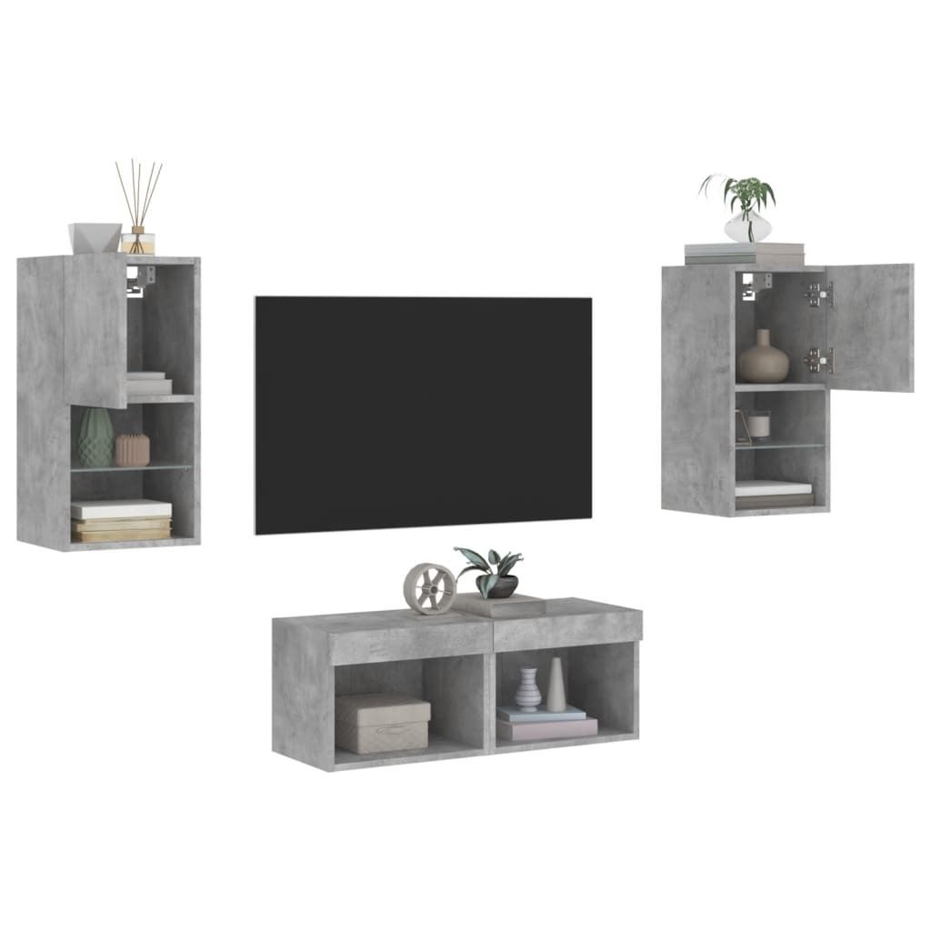 4-tlg. TV-Wohnwand mit LED-Leuchten Betongrau 3216572
