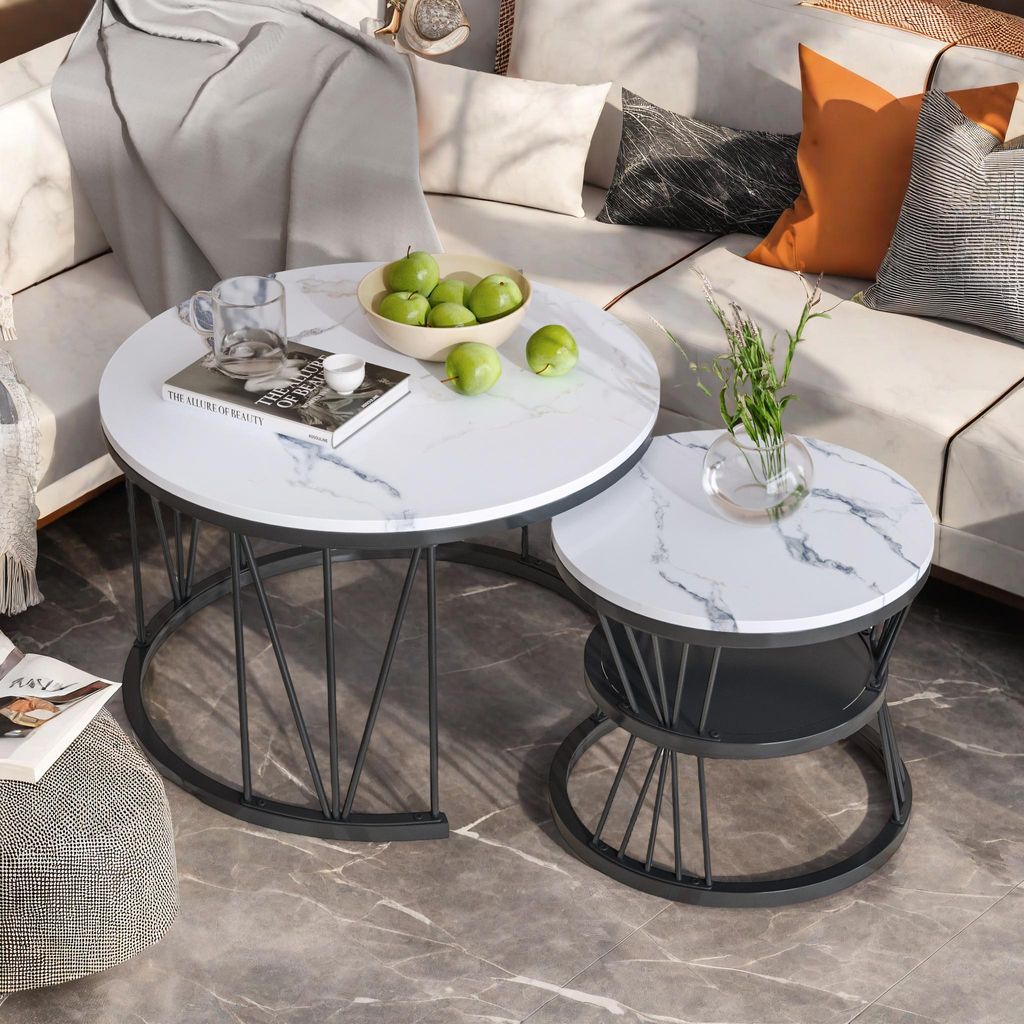 Runder Couchtisch 2er-Set, Wohnzimmertisch mit Stauraum