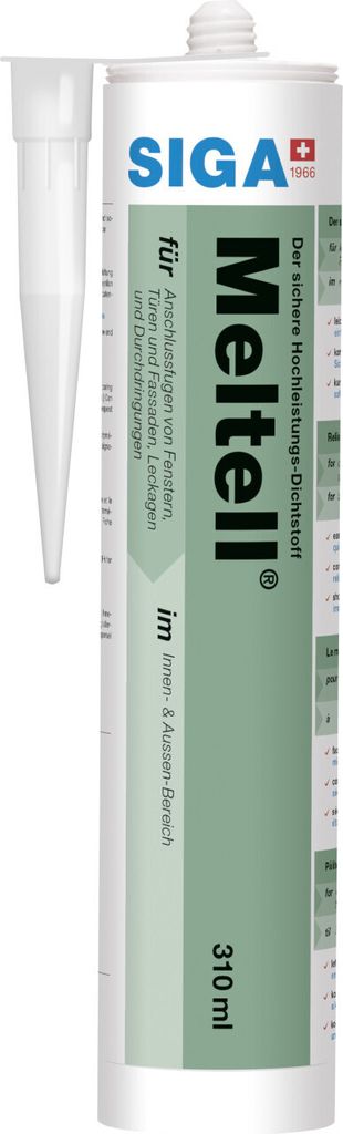 A tube of Siga Meltell sealant with its nozzle attached, shown against a white background.