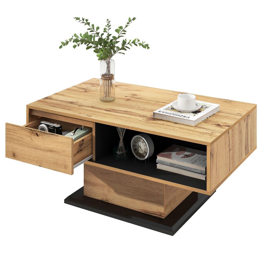 Couchtisch Sofa-Beistelltisch aus Holzmaserung, doppelseitiger Stauraum, Eine grifflose Schublade für Wohn- und Schlafzimmer