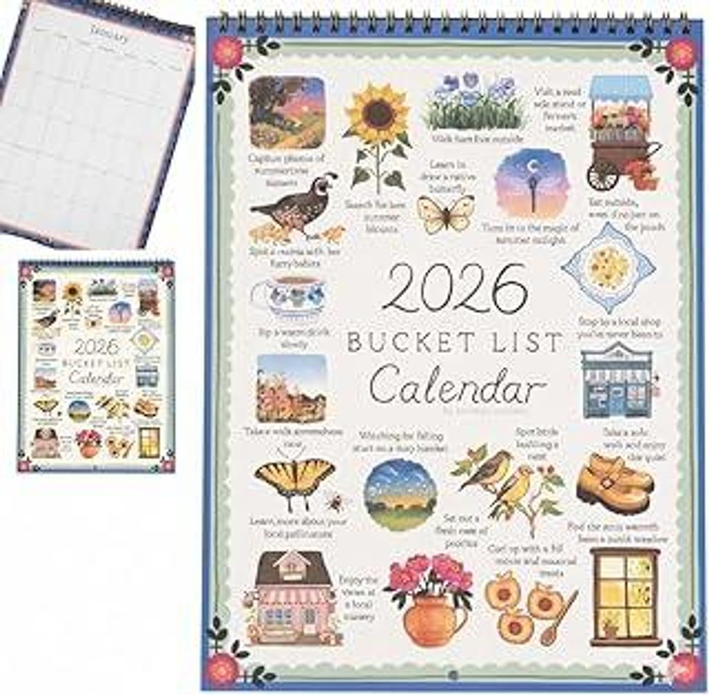 Bucket List Kalender 2026 – Inspirierender 12-Monats-Wandkalender mit Spiralbindung, Monatsübersicht & liebevollen Illustrationen, ca. 28 × 18 cm