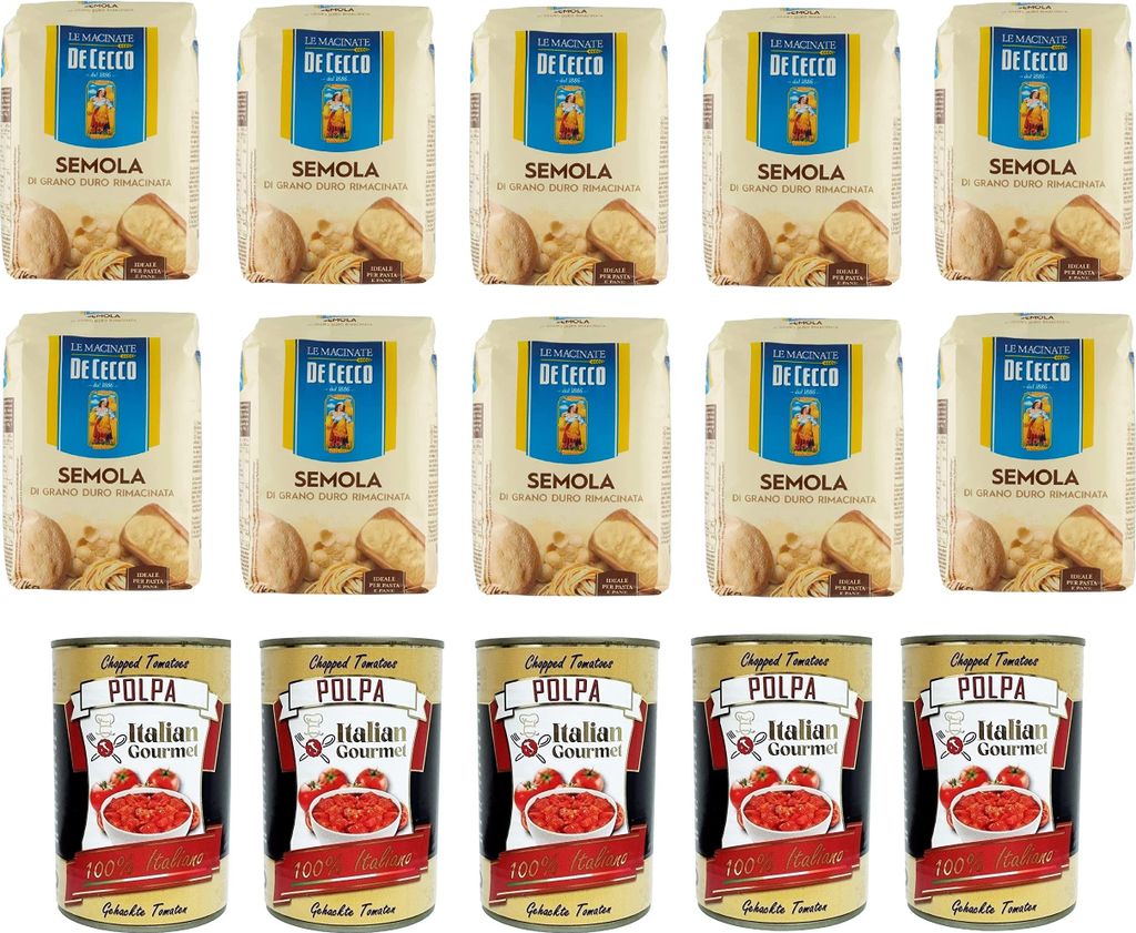 Testpaket Hartweizengrieß - Semola di Grano Duro De Cecco 10x 1kg und Italian Gourmet Polpa di pomodoro Fein gehacktes Tomatenmark 5x 400g