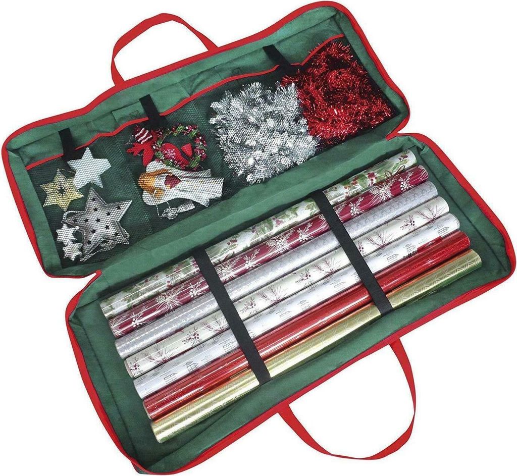 A storage bag for Christmas gift wrap and decorations is shown open, displaying its contents.