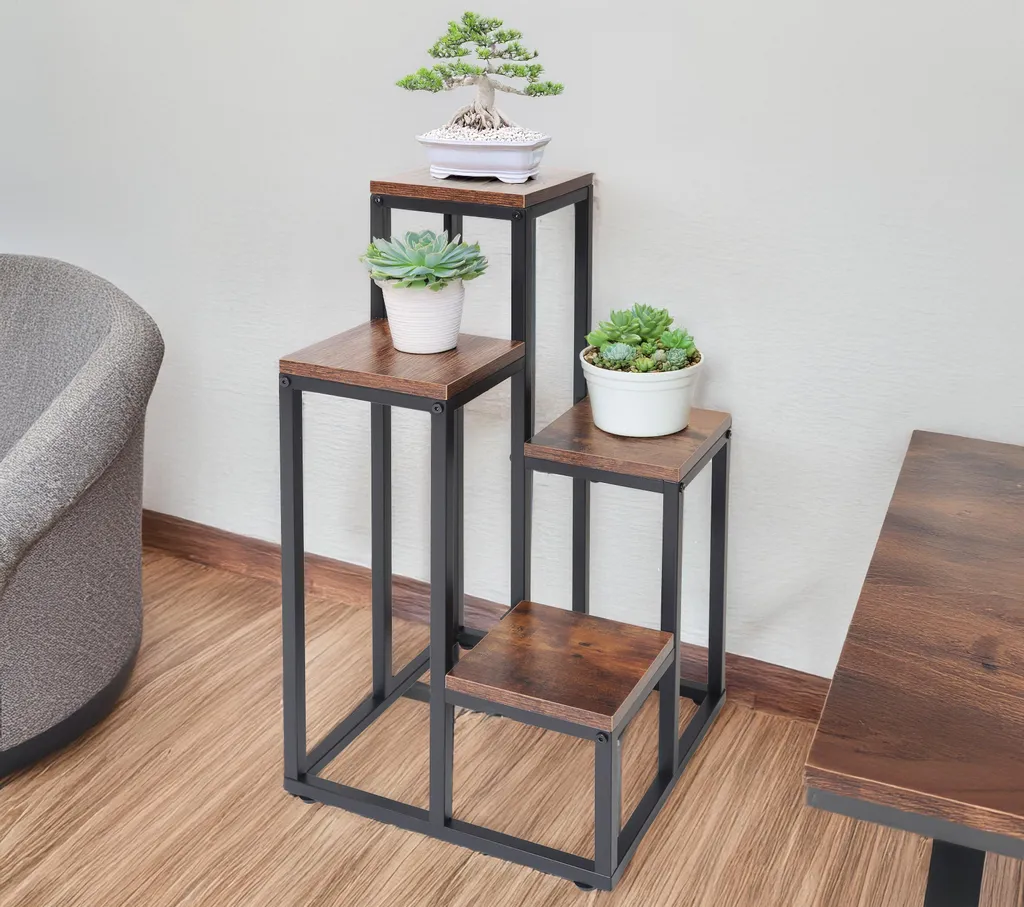 Présentoir fleurs métal et chêne antique style rustique avec 4 socles