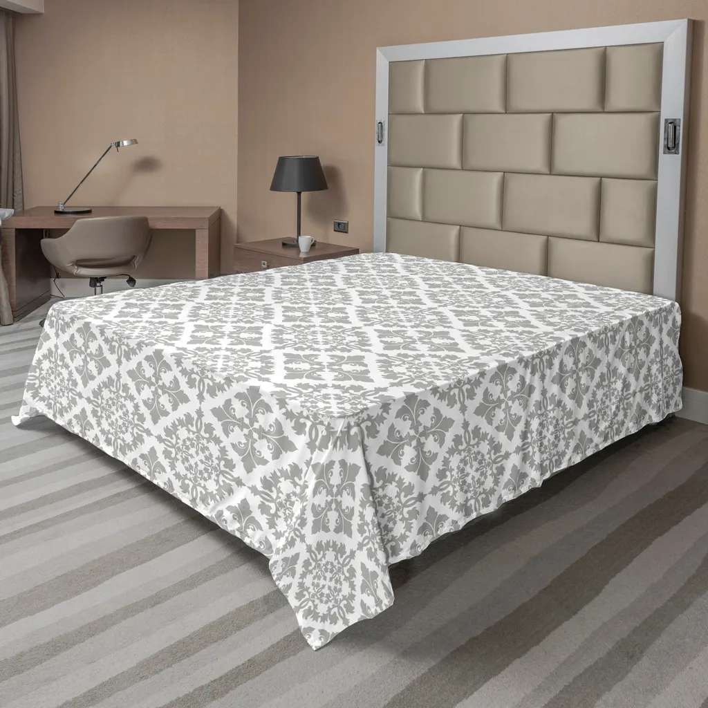 Drap plat décoratif pour lit 2 places motif victorien vintage gris