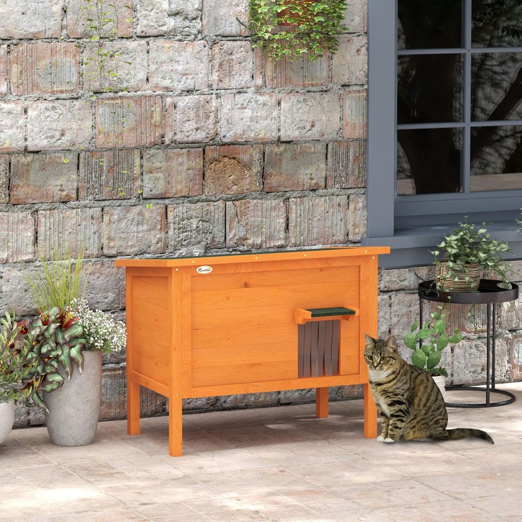 Outdoor-Katzenhaus mit Isolierung, Katzenhütte Tannenholz wasserdicht PVC-Vorhang, Orange/Grün | 85x50x68,5 cm | 10,5 kg | klappbares Dach