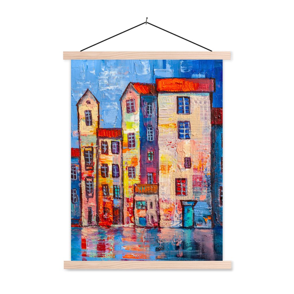 MuchoWow Textilposter Gemälde - Ölfarbe - Haus - Wasser 60x80 cm mit holzfarbenen Rahmen - Wandbild