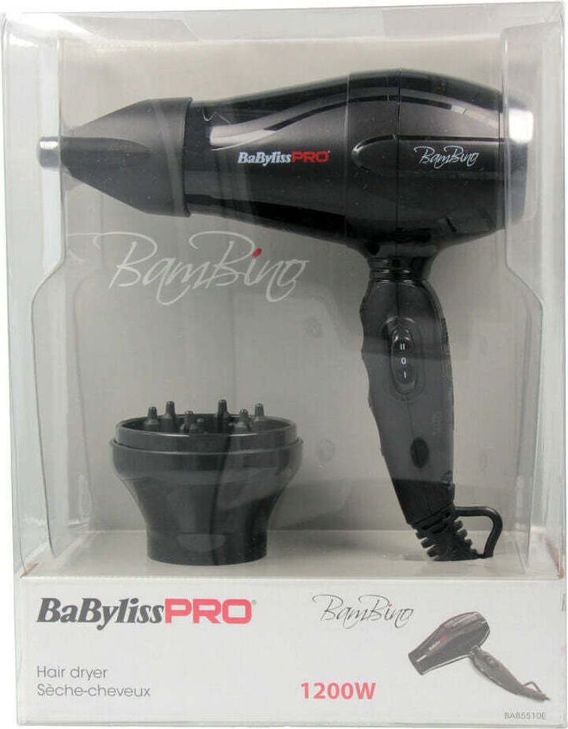 A black BabylissPRO hair dryer and diffuser attachment are displayed in their clear plastic packaging.