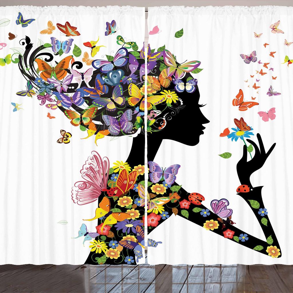 ARANDE Schmetterlinge Gardine, Mädchen Mode Blumen mit Schmetterlingen Zier Blumenlaub Natur Wald Druck, 280 x 260 cm, Mehrfarbig