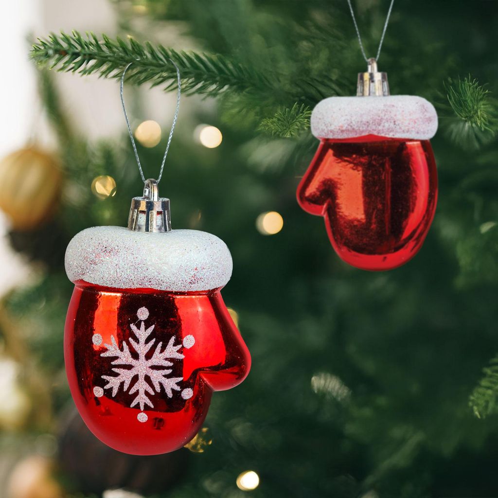 Christbaumschmuck Weihnachtskugeln Winterhandschuh - Roter Weihnachtsschmuck mit Schneeflocke und Glitzerrand - Hängender Weihnachtsschmuck 2 Stü...