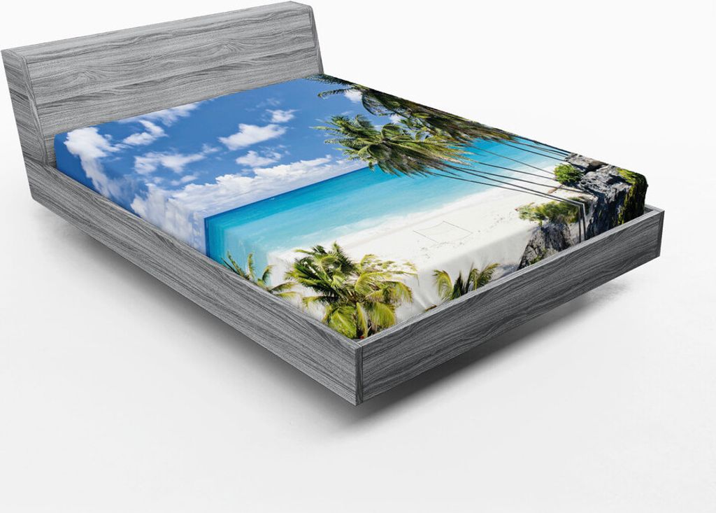ABAKUHAUS Sommer Spannbetttuch, Bottom Bay Barbados Beach Tropische Palmen Ocean Holiday Paradise Coast Charm Bild, 90 x 190 cm, Mehrfarbig