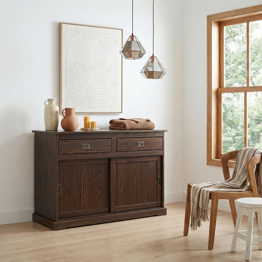 Kommode SAVONA, Sideboard mit 2 Türen 2 Schubladen, Kiefer massiv, Oberfläche Nussbaum, Buffetschrank, Geschirrschrank, Massivholz