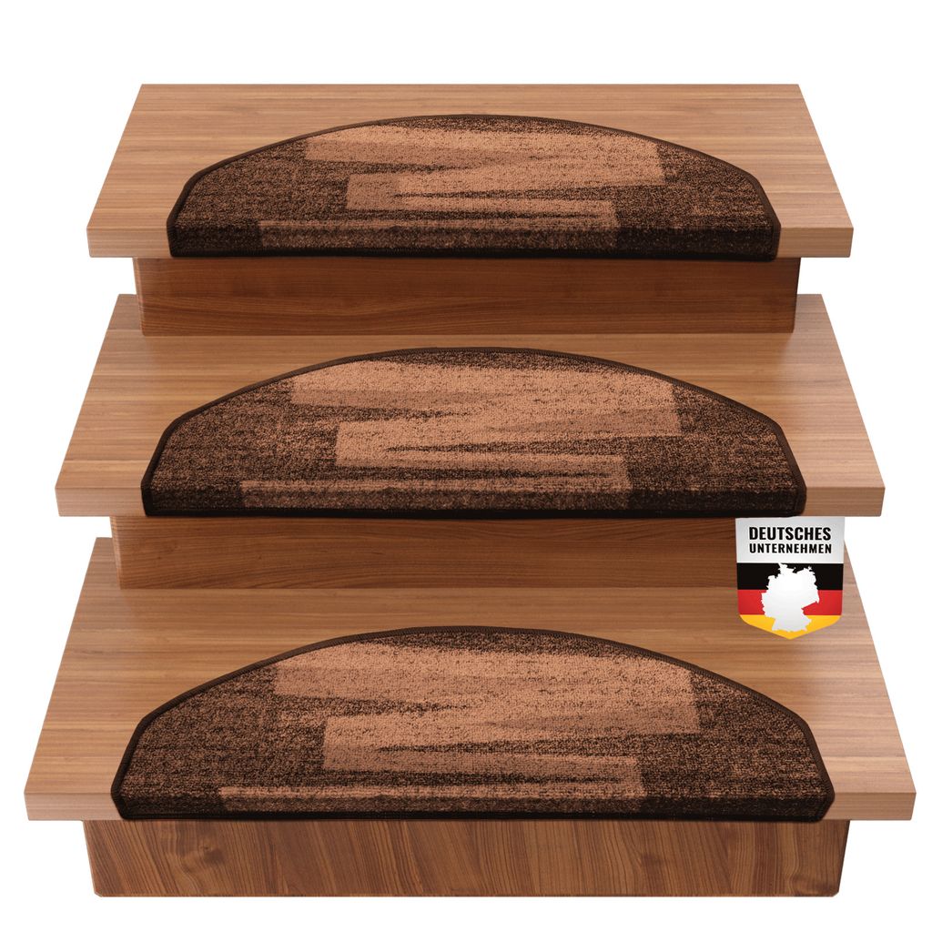 Three wooden steps with brown carpeted treads, each with a dark border. A German company logo is visible on the bottom right.