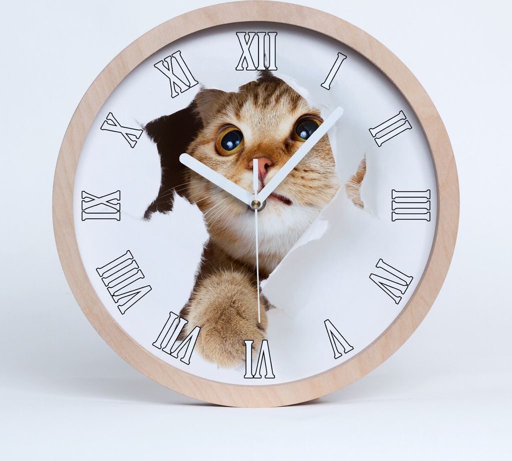 Holzuhr 30fi cm wanduhr - weiße Spitzen - Katze in einem Loch