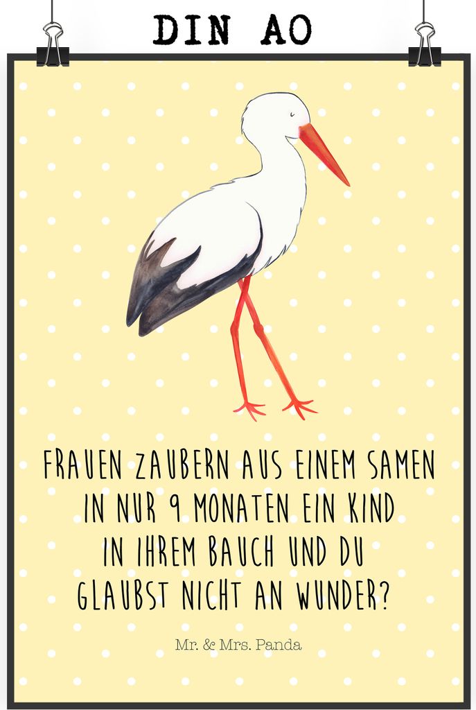 Mr. & Mrs. Panda Bild Storch DIN A0 - Gelb Pastell - Geschenk, Mutter, Mütter, Störche, Lustige Sprüche, wanddeko, Schwangerschaft, Kunstdruck, ...