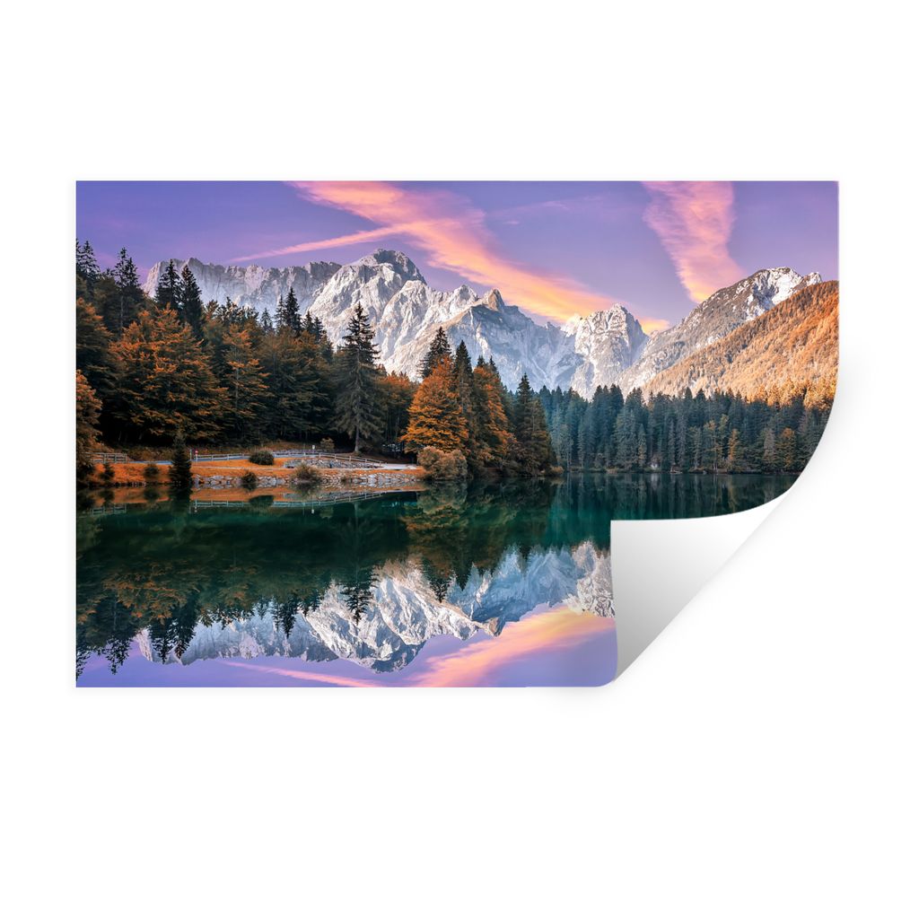 MuchoWow Wandtattoo Wandsticker Wandaufkleber Berg - Wald - Wasser - Himmel - Rosa - Lila 30x20 cm Selbstklebend und Repositionierbar - Wierderve...