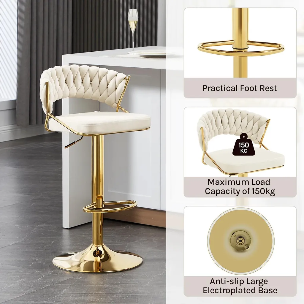 Chaise de Bar Pivotante en Velours Blanc Crème avec Dossier - Lot de 2 - 2