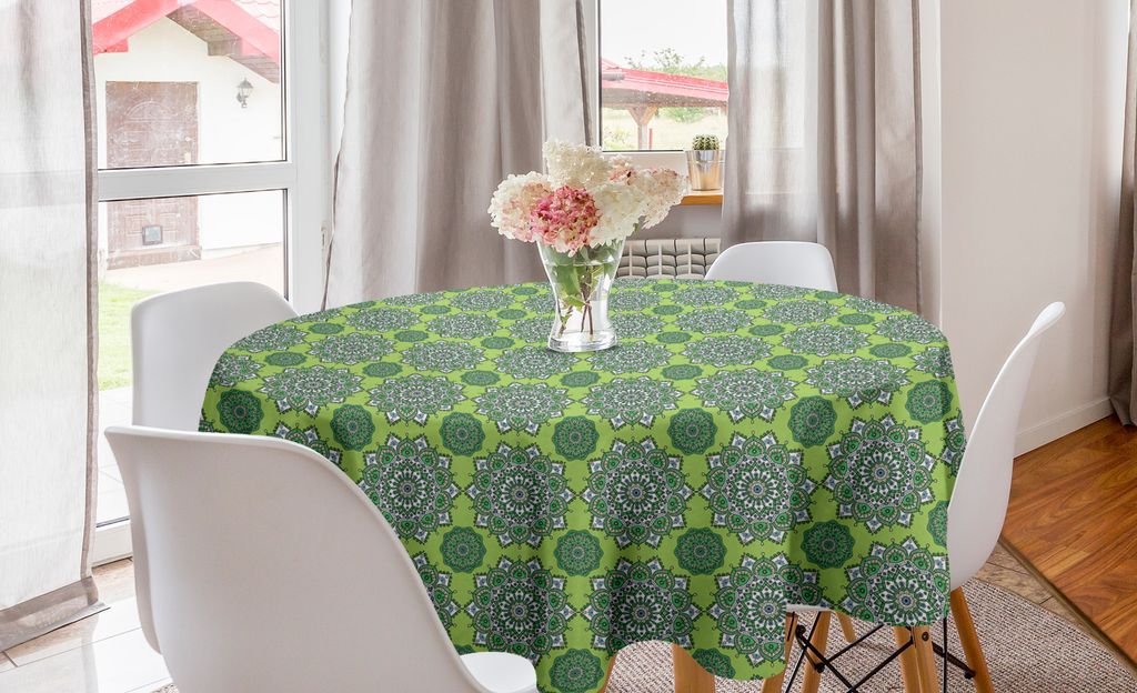 ABAKUHAUS Lime Green Runde Tischdecke, marokkanische Mandala, Kreis Tischdecke Abdeckung für Esszimmer Küche Dekoration, 150 cm, Farn-Grün Weiß