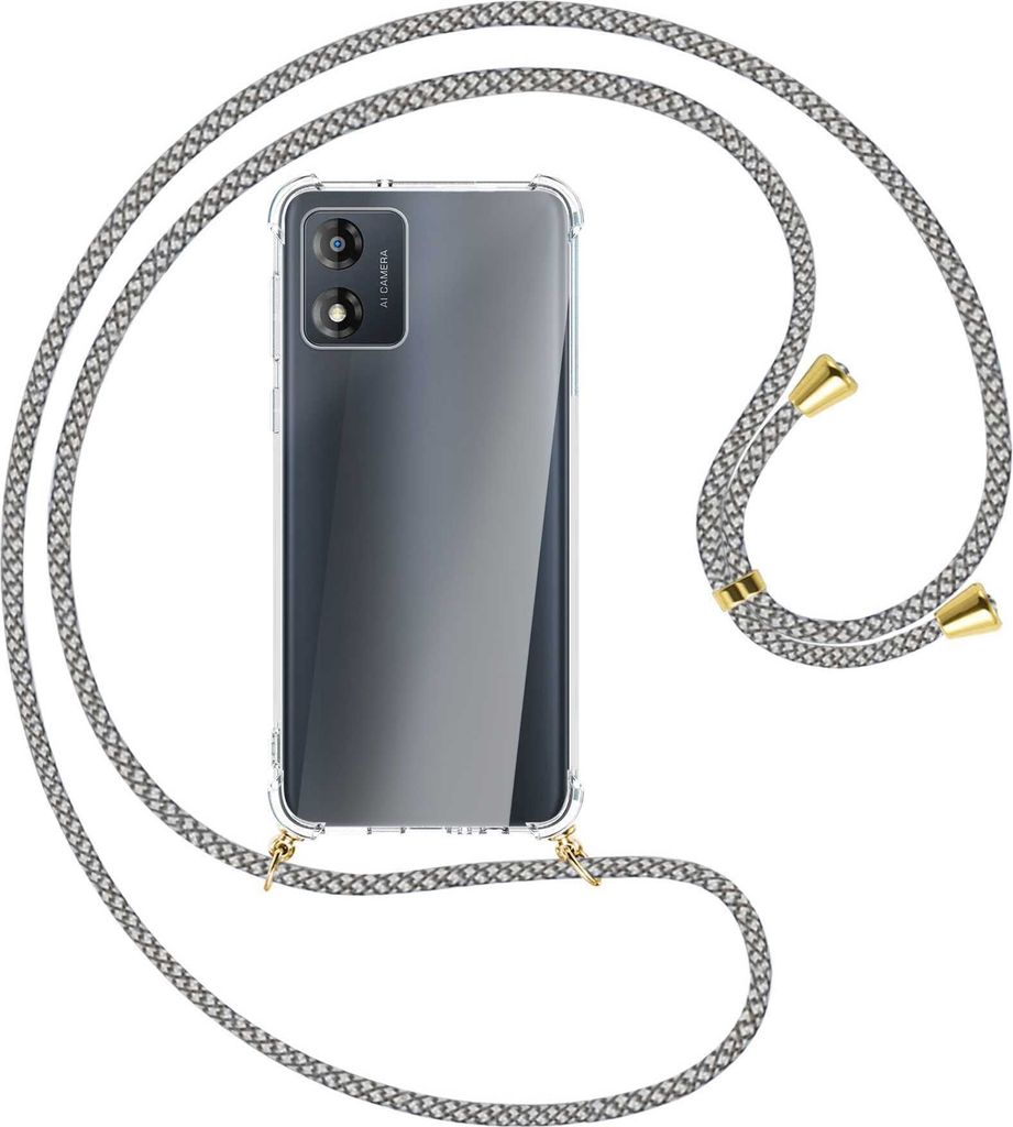 Handykette Backcover-Schutzhülle mit Band (Metall goldfarben) für Motorola Moto E13 (6.5'') - weiß/grau kariert