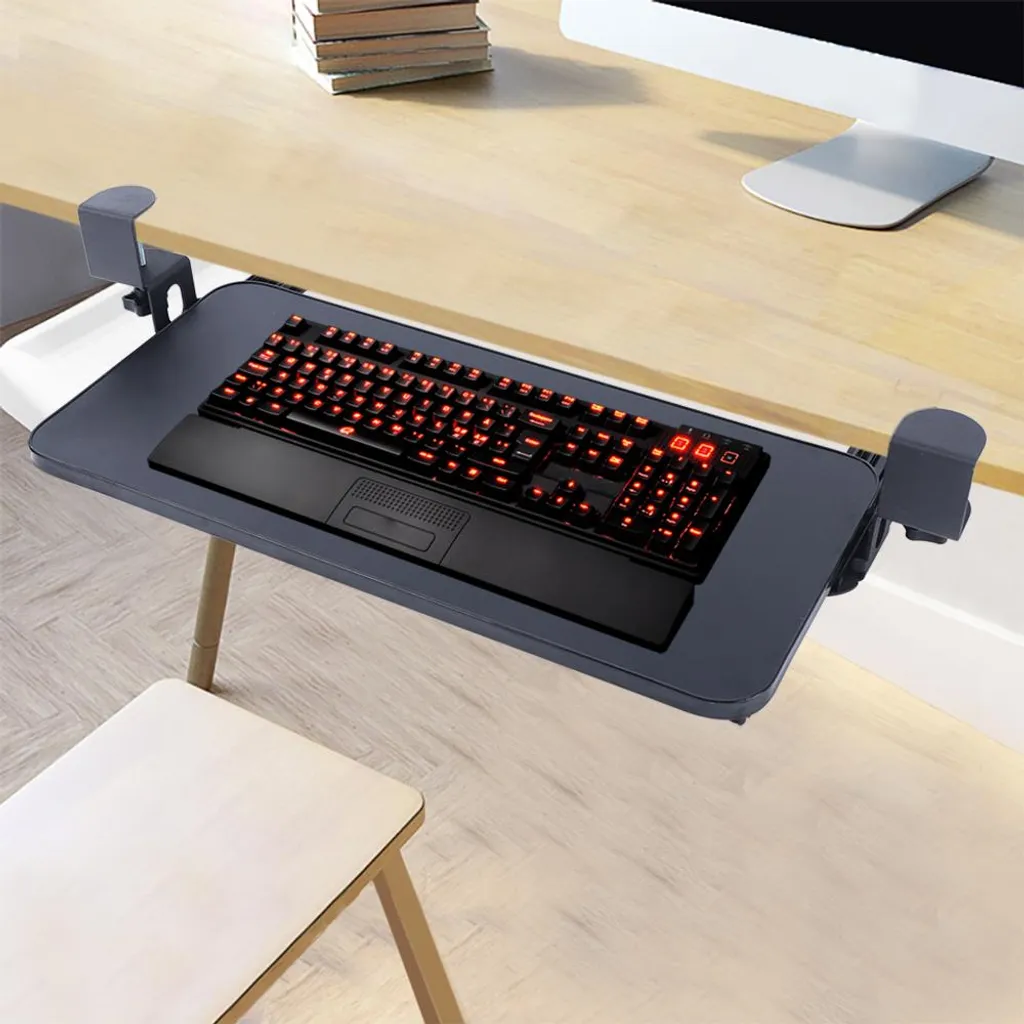 Support de clavier réglable sous bureau, tiroir coulissant en teck