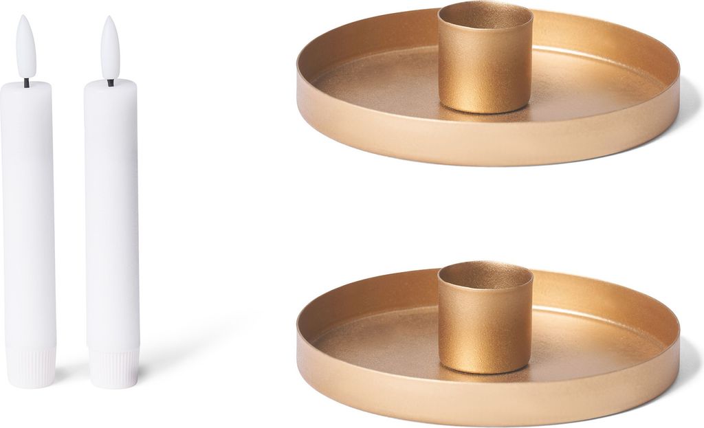 Novaliv 2x Kerzenständer Stabkerzen rund Metall Durchmesser 6cm GOLD mit LED-Stabkerze flammenlose Tafelkerze Kerzenhalter candle holder Kerzenpic...