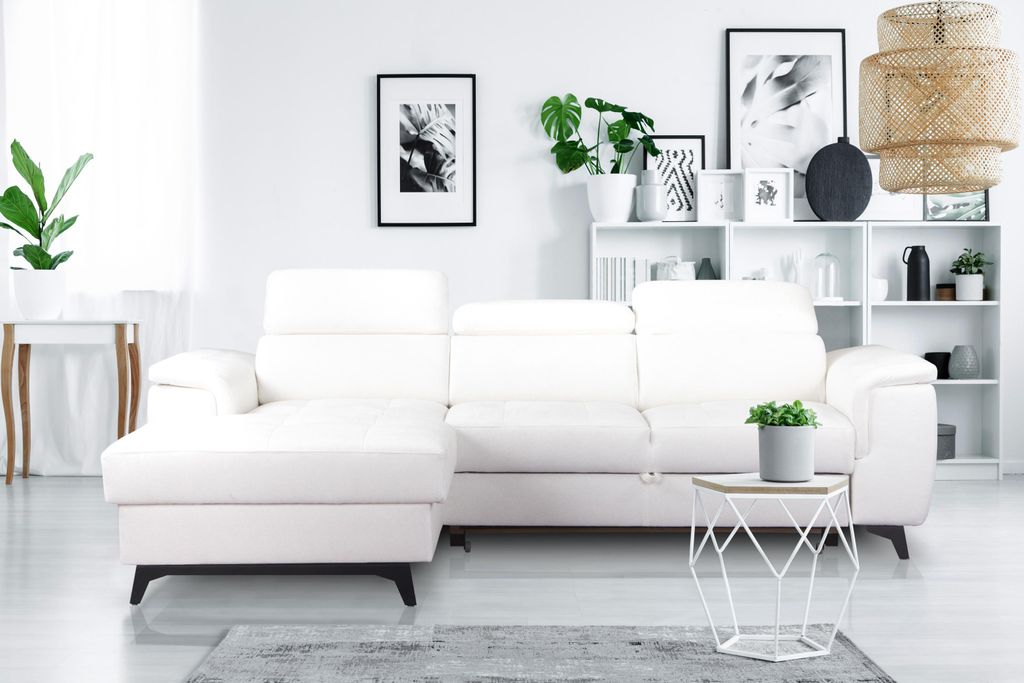 Masseno Ecksofa VOLA mit Schlaffunktion L-Form, Sofa mit Bettkasten, Wohnzimmersofa, Couch, Soffa, Bettsofa, Couchgarnitur- Weiß, BUBBLE 1