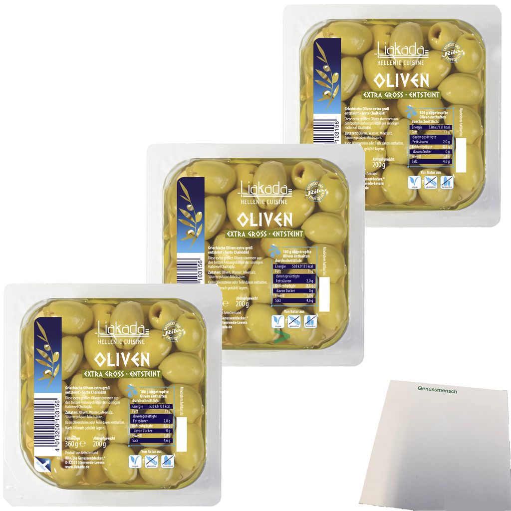 Liakada Grüne Oliven Extra Groß entsteint 3er Pack (3x200g Packung) + usy Block