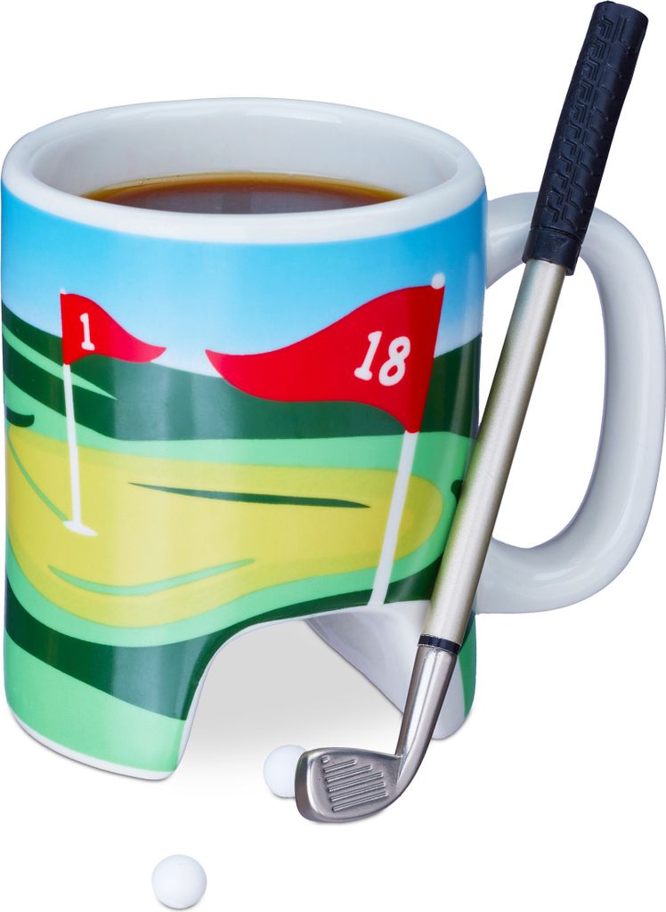 Relaxdays Golftasse mit Schläger, Putter mit Kugelschreiber, 2 Golfbälle, lustiges Golfgeschenk, Golf Kaffeetasse, bunt