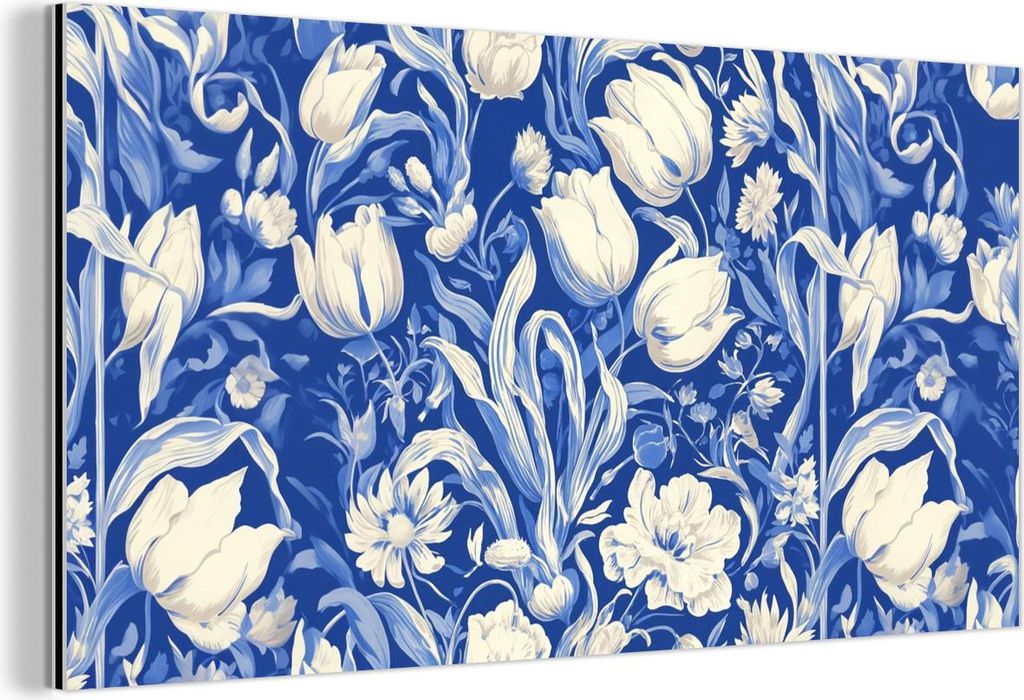MuchoWow Wanddekoration Metall Metallbild Wandkunst 40x20 cm Blumen - Delfter Blau - Muster - Tulpe MuchoWow Aluminium Gemälde - Bild - Aluminium