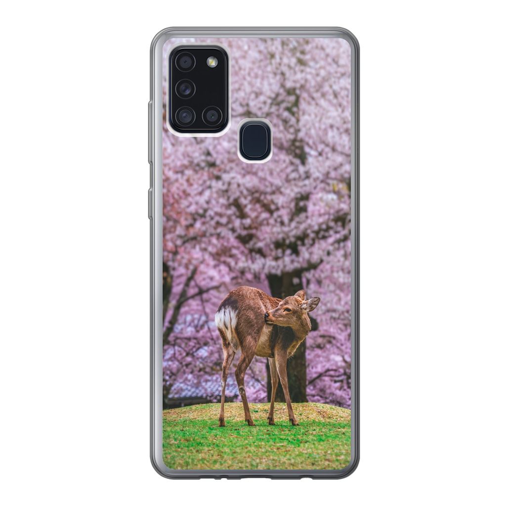 MuchoWow Handyhülle Schutzhülle Hülle für Samsung Galaxy A21s Hirsch - Rosa - Blüte Silikon Softcase Handy Hülle - Hartschale