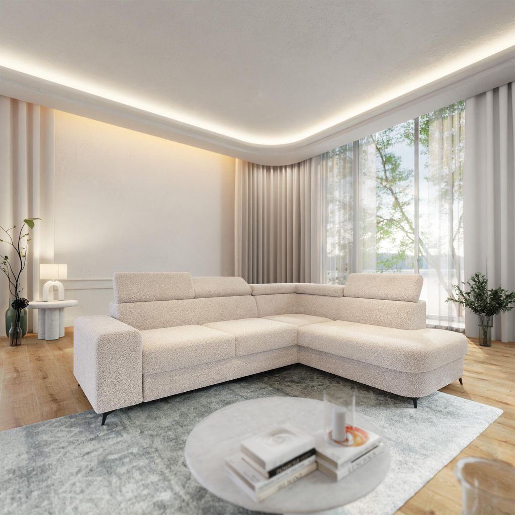 Masseno Ecksofa ALVORO R-S mit Schlaffunktion L-Form, Sofa mit Bettkasten, Wohnzimmersofa, Couch, Soffa, Bettsofa, Couchgarnitur- Creme, QUELLE 02