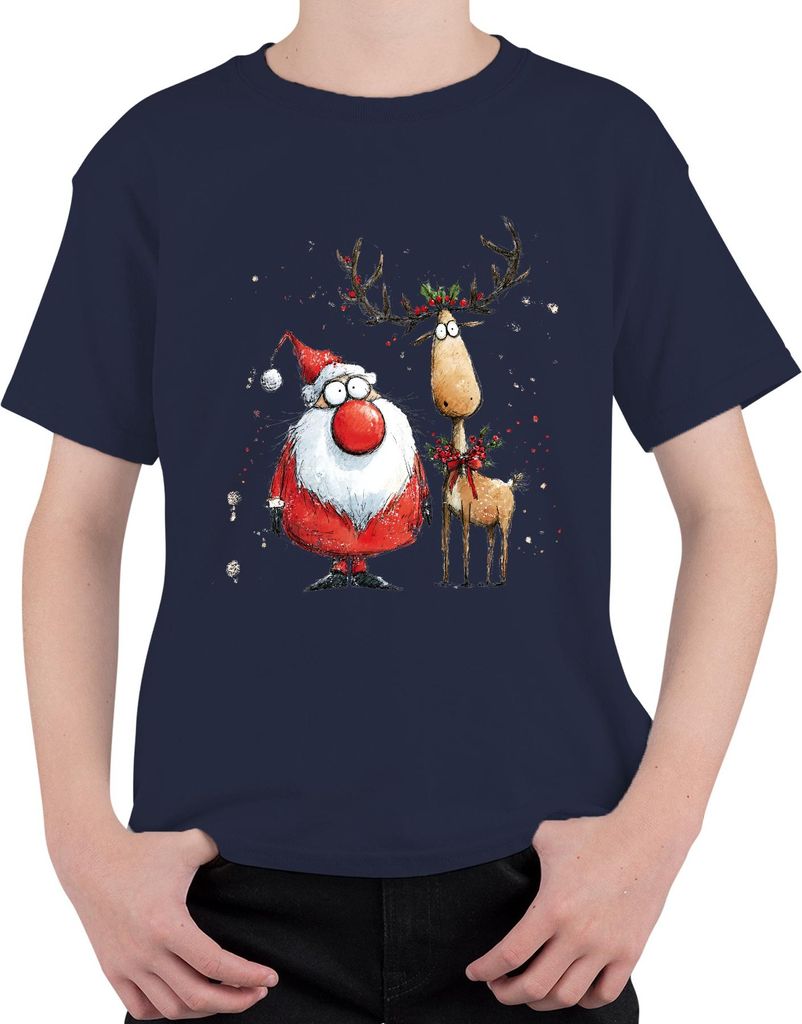 Weihnachtsmann Rentier lustig rote Nase Weihnachten Geschenk Uni Kinder T-Shirt, Navy, 128