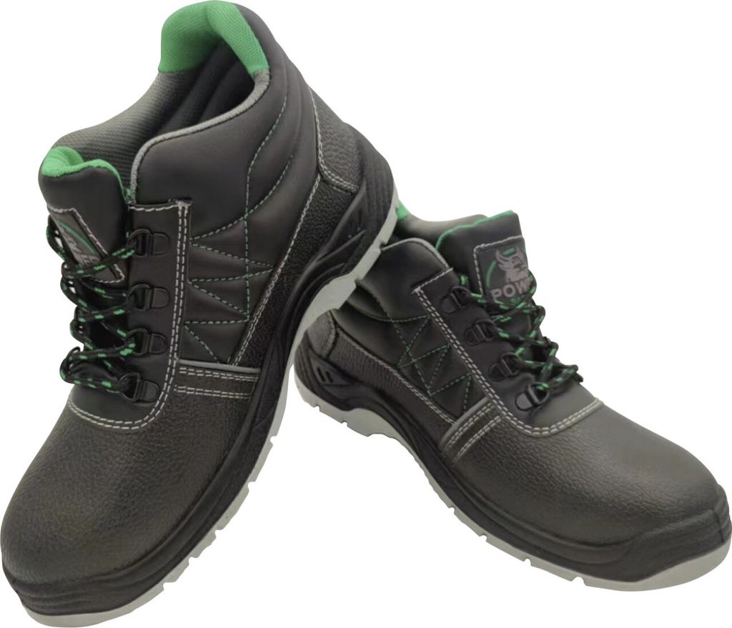 A pair of black safety boots with green accents, shown against a white background.