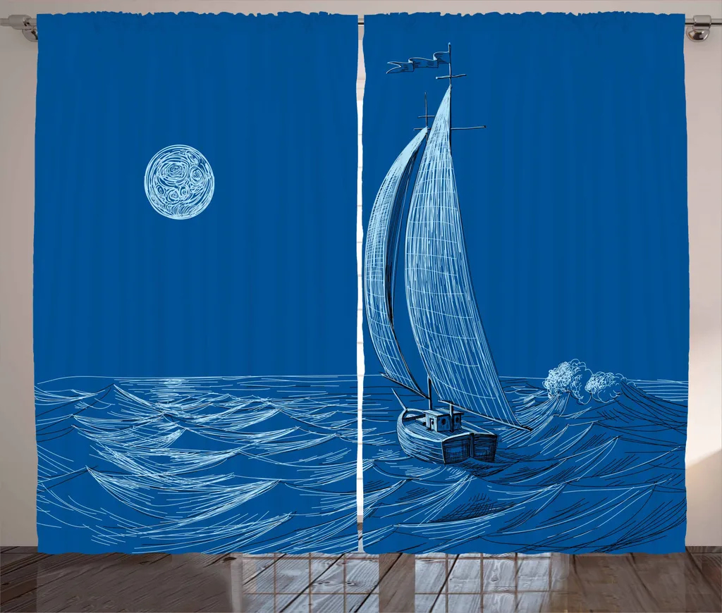 ABAKUHAUS Tenda rustica Vintage Boat, nave sull'oceano luna, tende universali per soggiorno con passanti e ganci, 280 x 245 cm, blu cobalto