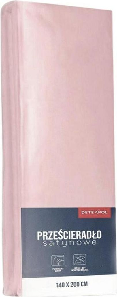 A folded pink satin bedsheet is shown, with a label at the bottom.