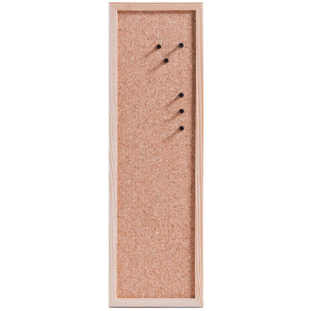A vertical cork pinboard with a wooden frame and several black pushpins inserted into it, set against a white background.