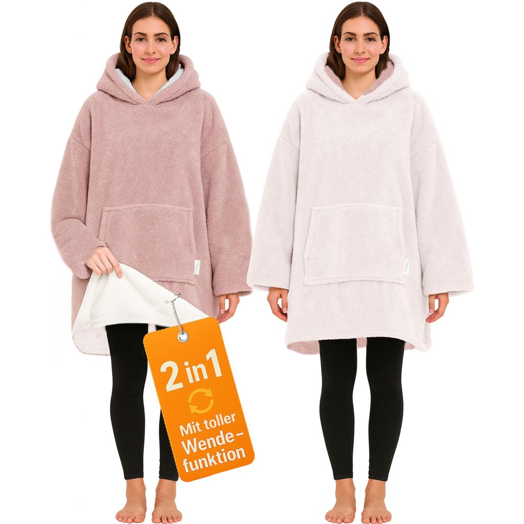 Hoodie Decke mit Ärmeln Sherpa Wende Deckenpullover Oversize Kuscheldecke zum anziehen Kuschelponcho Damen Herren Poncho Decken Pulli Altrose/Weiss