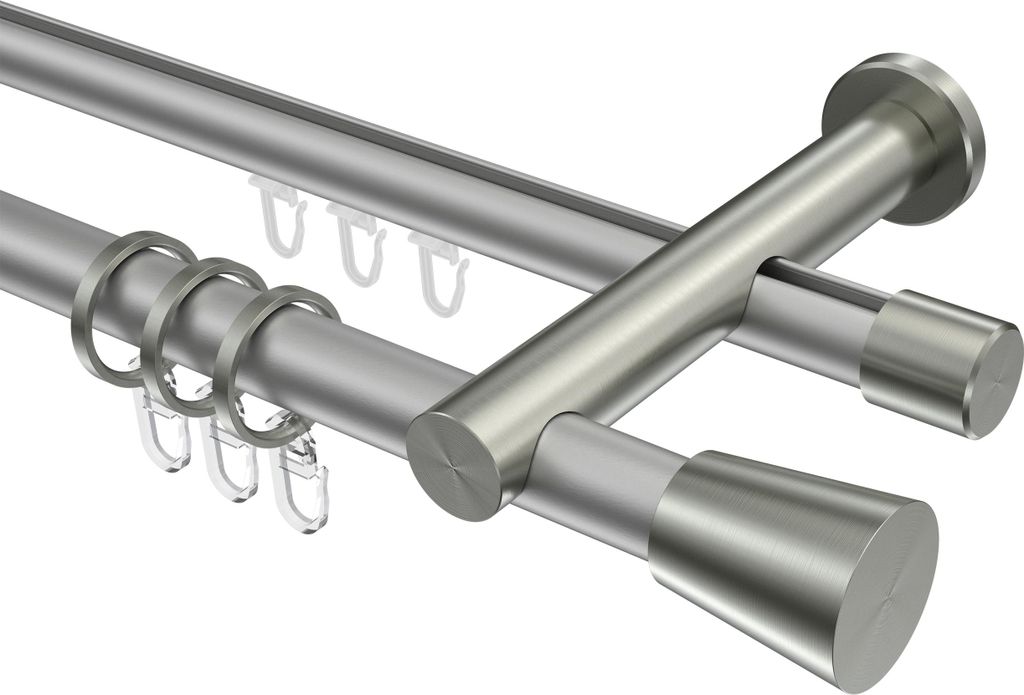Interdeco Rundrohr-Innenlaufstange / Gardinenstange (Kombination) Silbergrau / Edelstahl-Optik, Typ Platon Sitra (Konus), 20 mm Ø 2-läufig, 220 cm