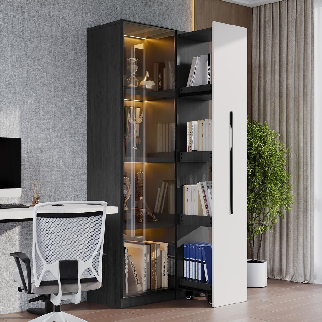 okwish Vitrine Bücherregal mit integrierter LED-Beleuchtung,Vitrinenschrank Küchenvitrine mit mehreren Ebenen,Küchenschrank Hochschrank mit Schu...