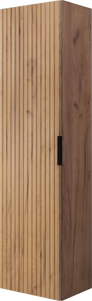 A tall, narrow cabinet with a textured wooden front and a side panel. A black handle is visible on the front.